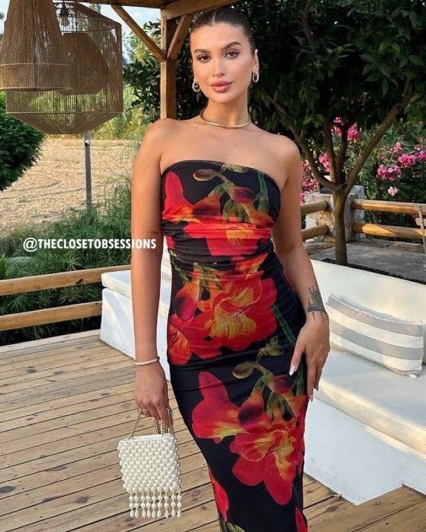 Bold Floral Mesh Strapless Midi Dress - Image 4