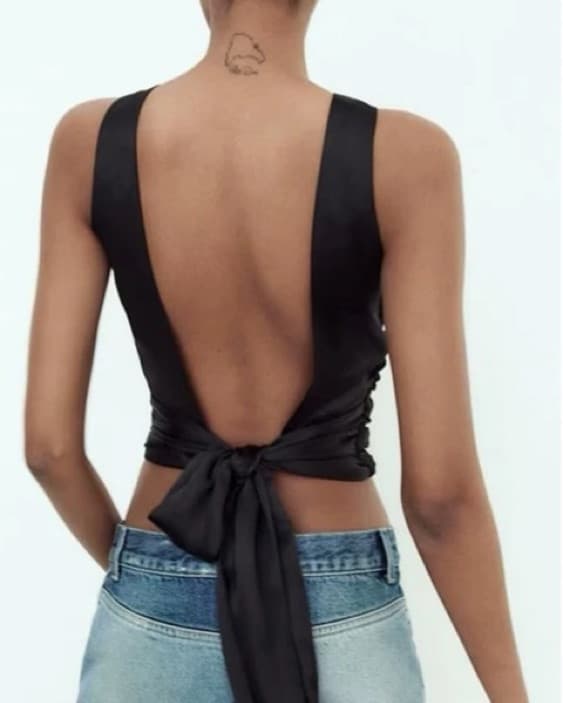 Black Backless Satin Cropped Top - Image 1