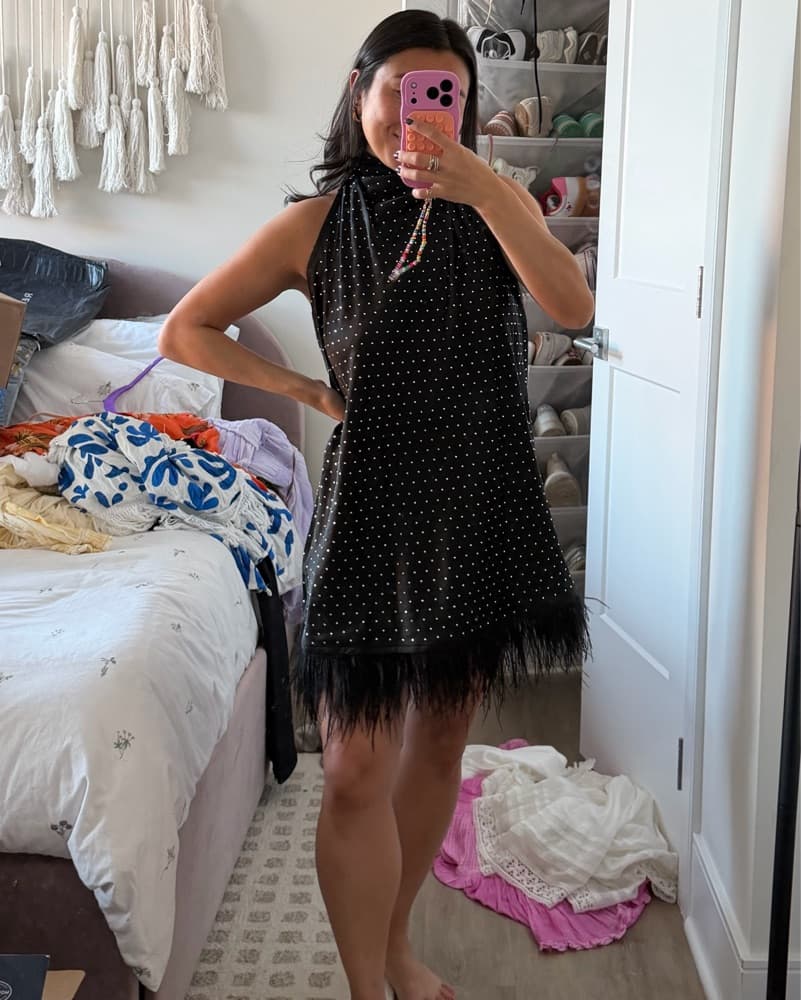 Black Feather Hem Rhinestone Mini Dress  - Image 2