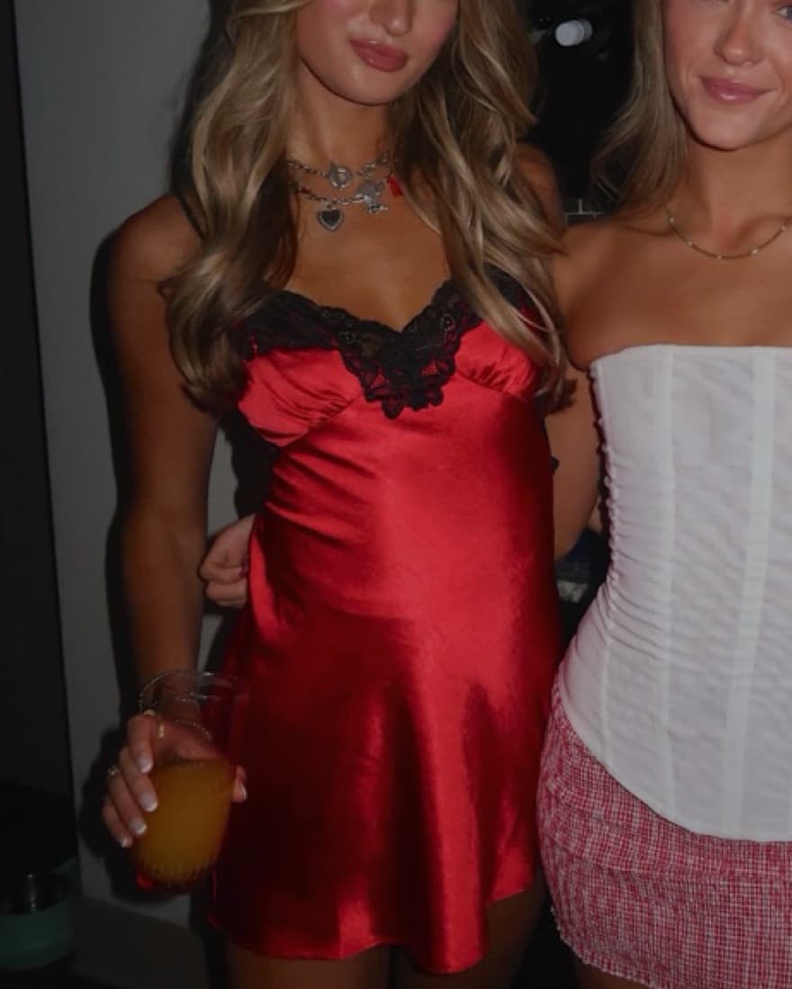 Alluring Red Satin Lace Dress - Image 2
