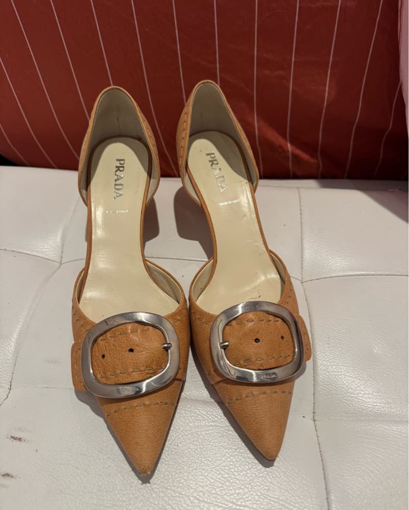 Prada EU 38.5 Tan Heels Silver Buckle - Image 1