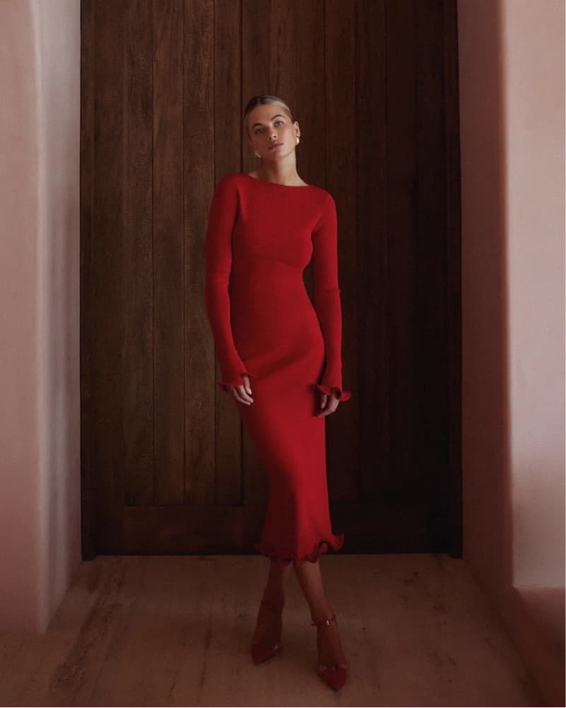 SAME Ruffle Hem Midi Dress Red - Image 3