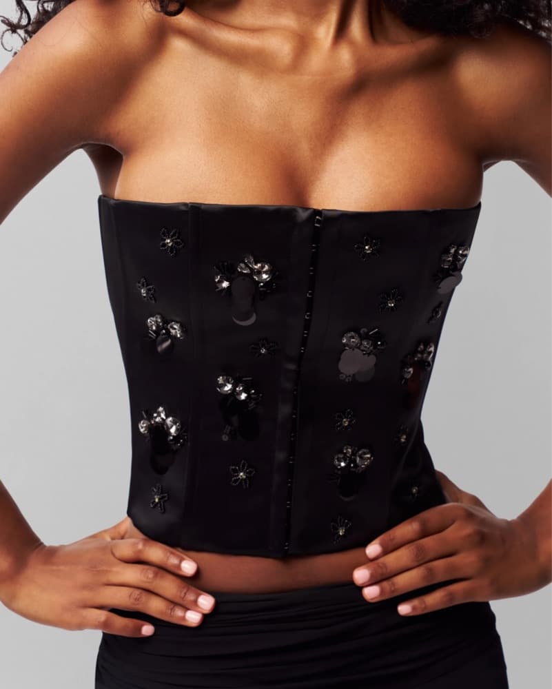 Guizio Embellished Satin Corset - Black - Image 1