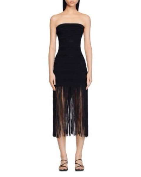 Sleek Black Fringed Midi Dress - Image 1