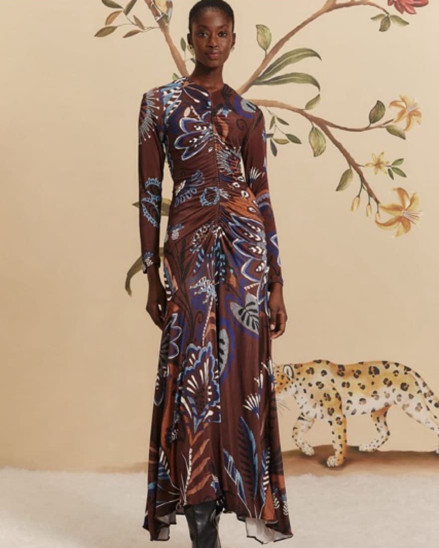Farm Rio Brown Foral Long Sleeve Dress - Image 1