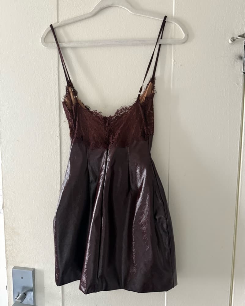 Burgundy Leather Mini Dress - Image 3