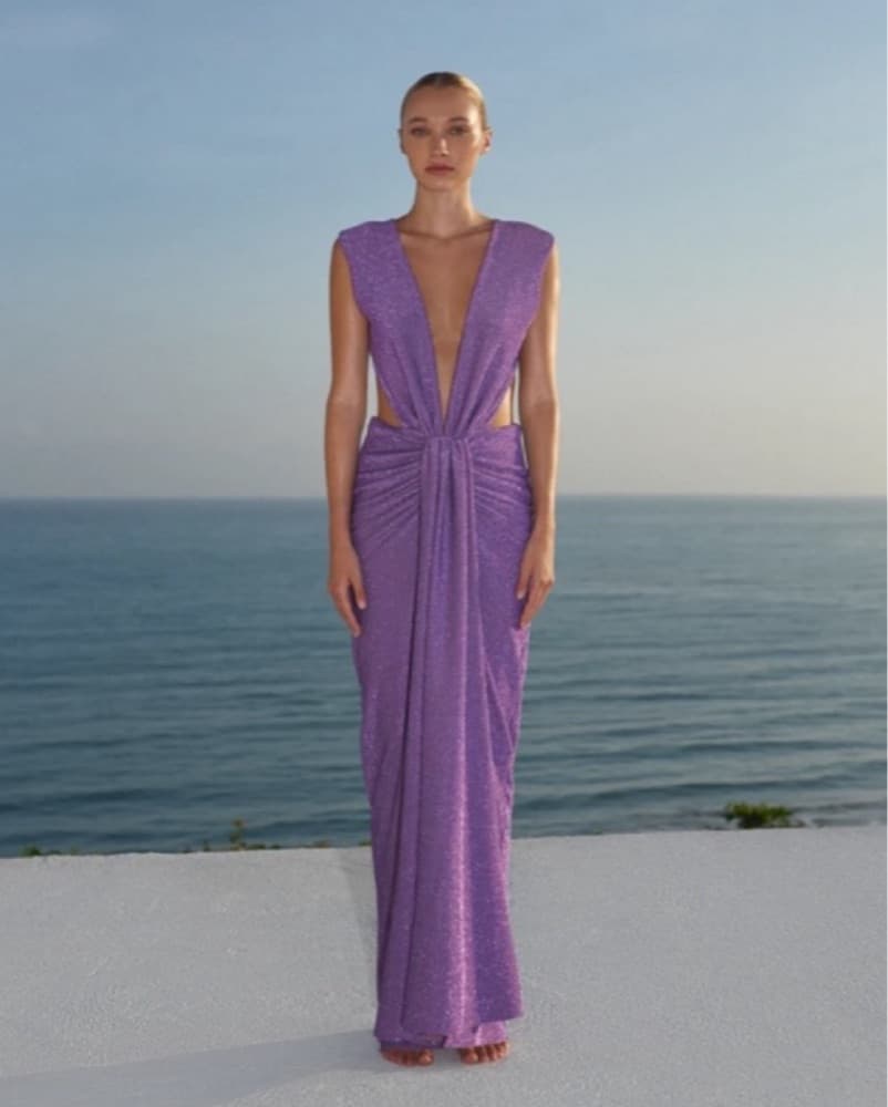 Purple Shimmer Ruched Maxi Dress - Image 1