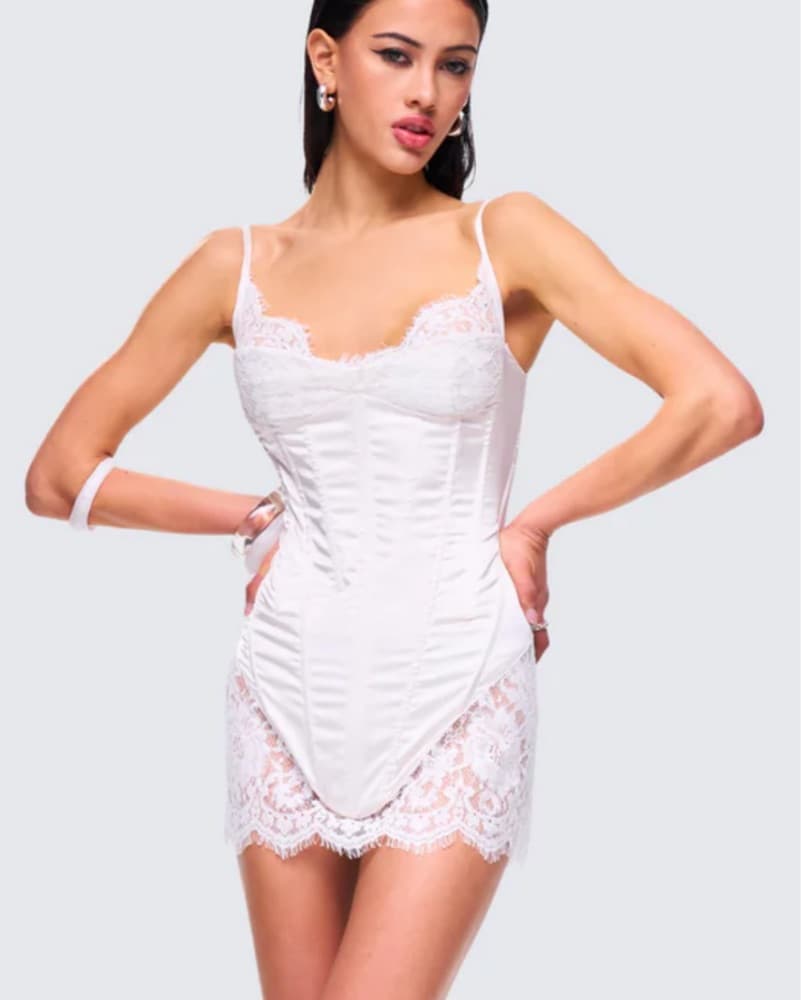 White Satin And Lace Corset Mini Dress - Image 1