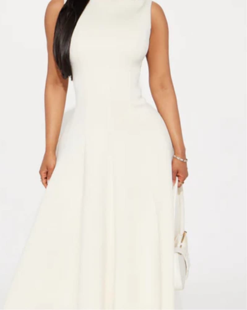 Elegant White A-Line Midi Dress - Image 1