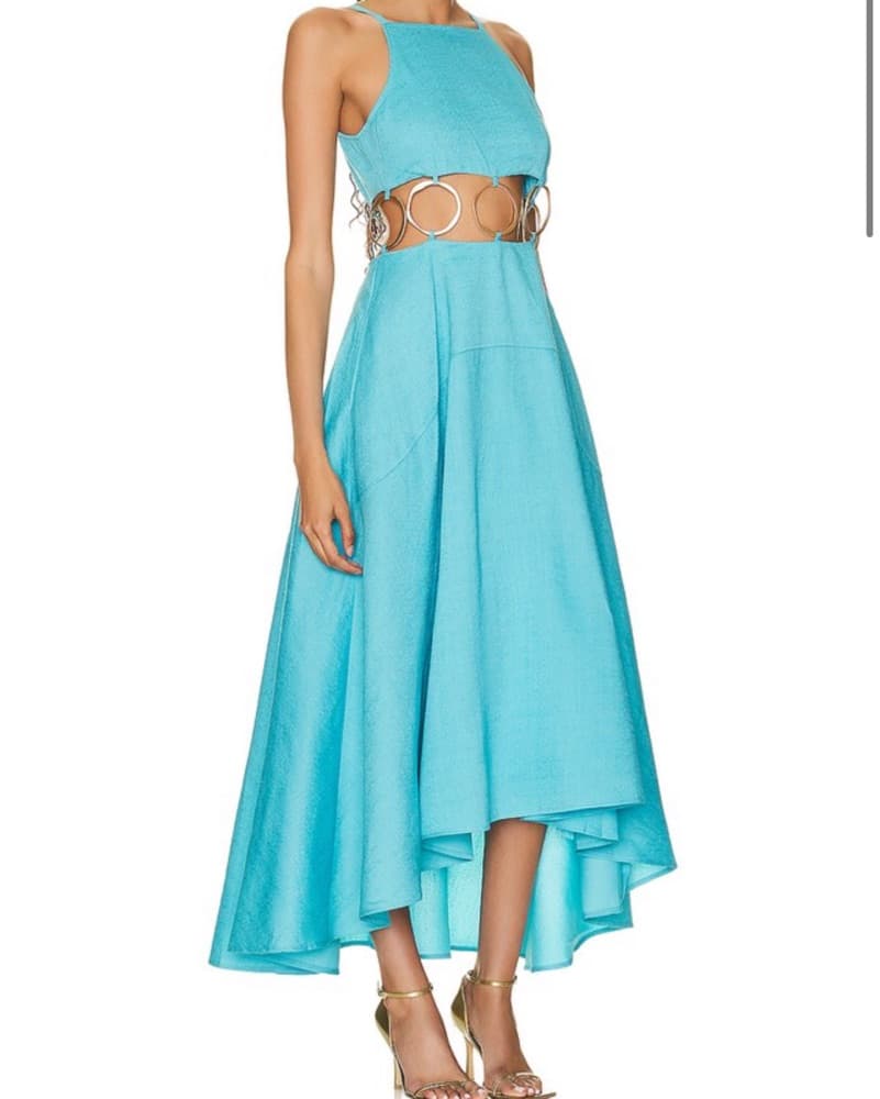 Vibrant Turquoise Halter Dress with Circular Cutouts - Image 2