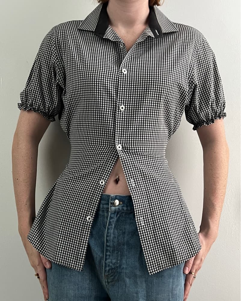 Gingham Puff Sleeve Cinched Blouse - Image 1