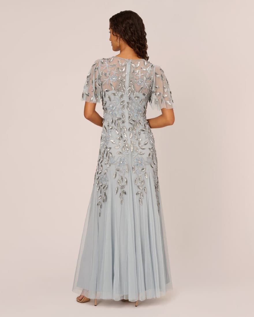 Long Floral Beaded Gown, Flutter Sleves - Image 2