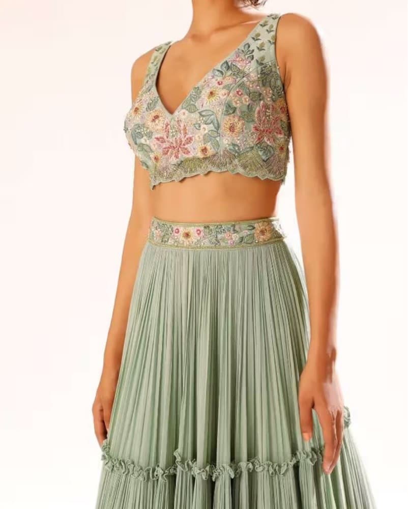 Kalki Sage Green Pleated Floral Lehenga - Image 2