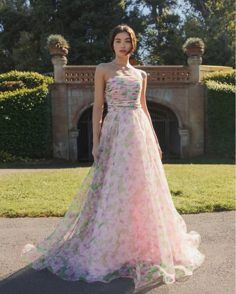 Pink Strapless Chiffon Gown With Ruffle  - Image 4