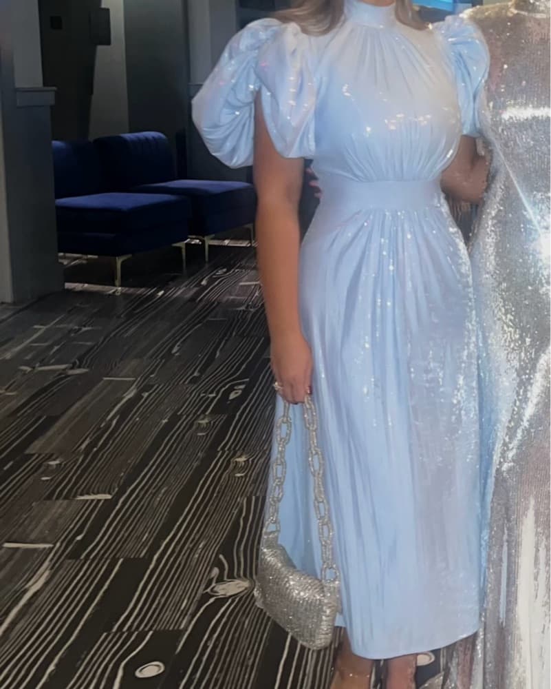 Blue Sequined Puff-Sleeve Midi-Dress - Image 5