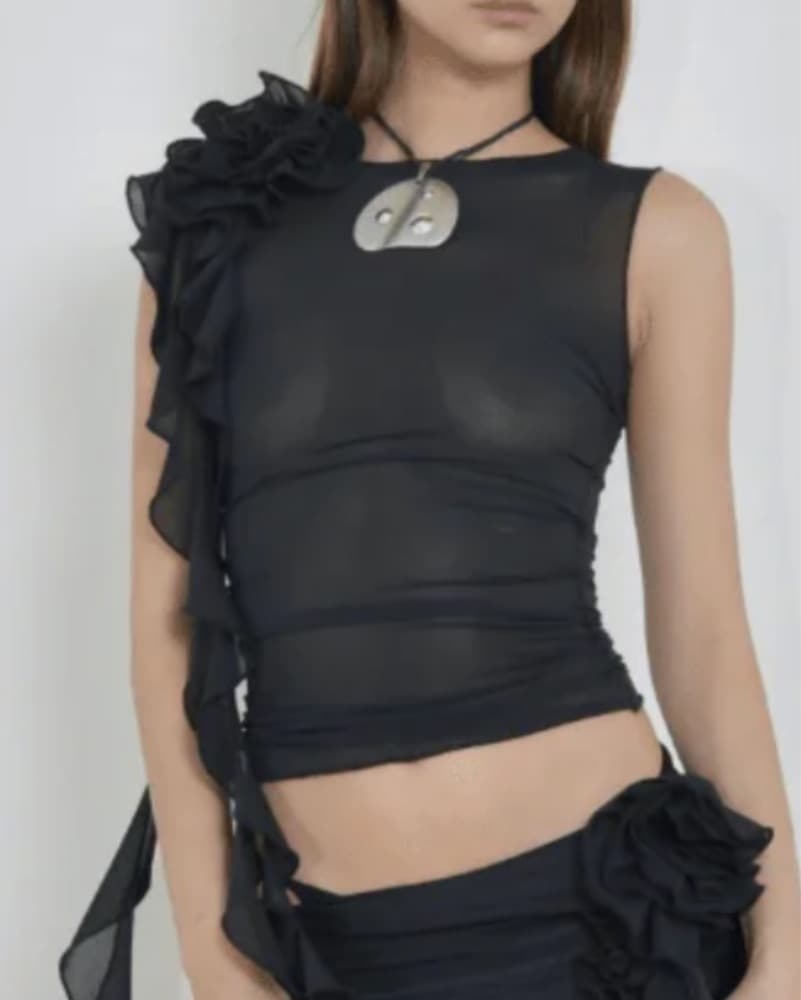 Elegant Black Mesh Ruffle Top - Image 2