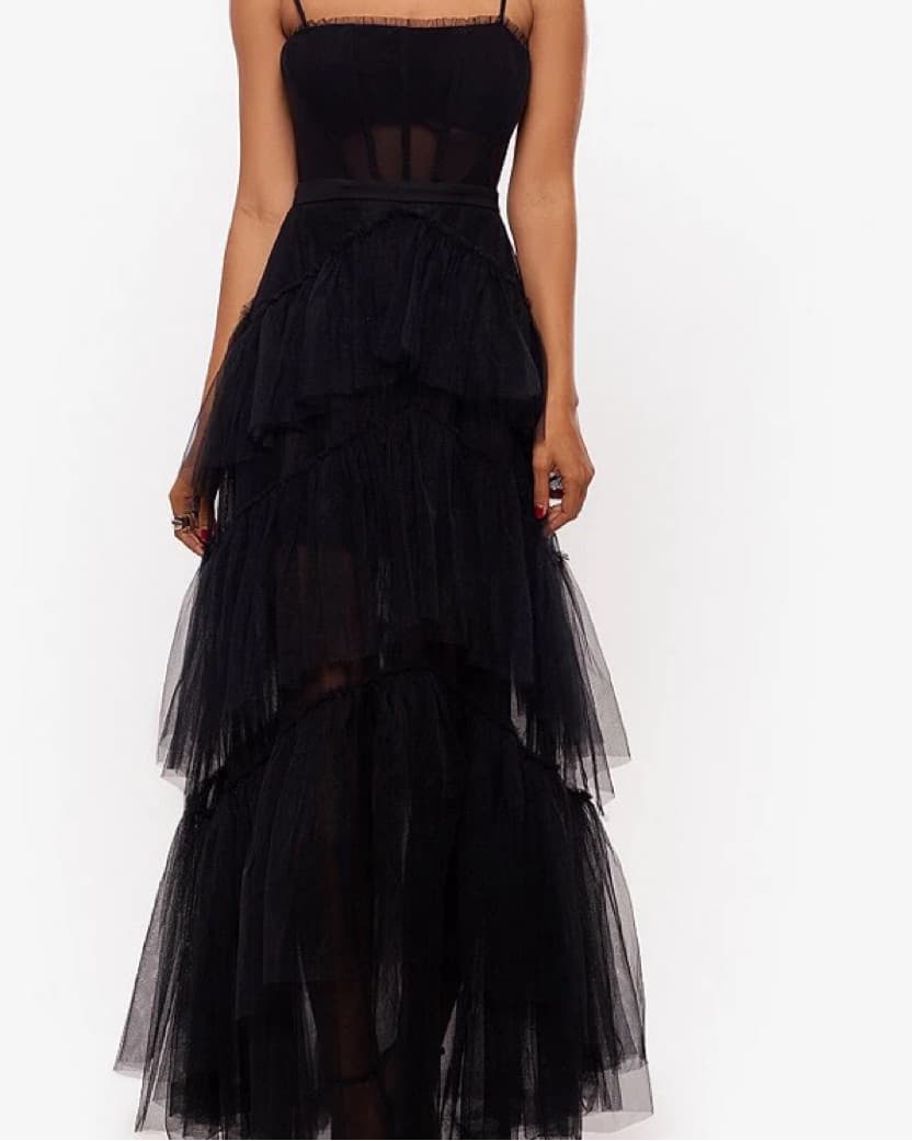 Tiered Ruffled Tulle Black Gown - Image 1