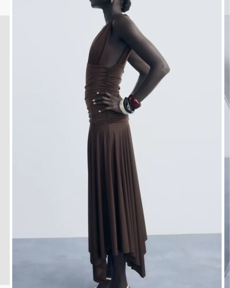 MANGO Brown Ruched Drop Waist Dress - Image 2