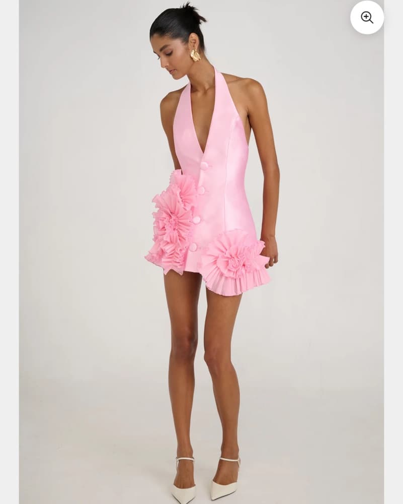 Belinda Pink Foral Ruffle Halter Dress - Image 3