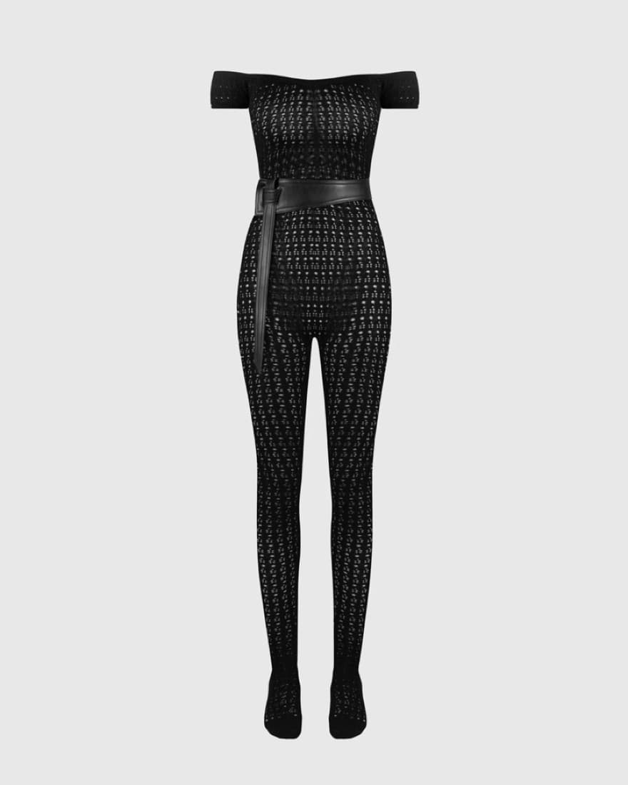 Pointelle Knit Bardot Jumpsuit With Belt - Image 4