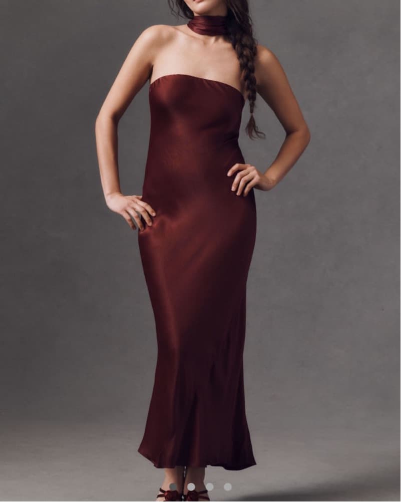 Burgundy Strapless Dress With Neck Scarf - Image 2