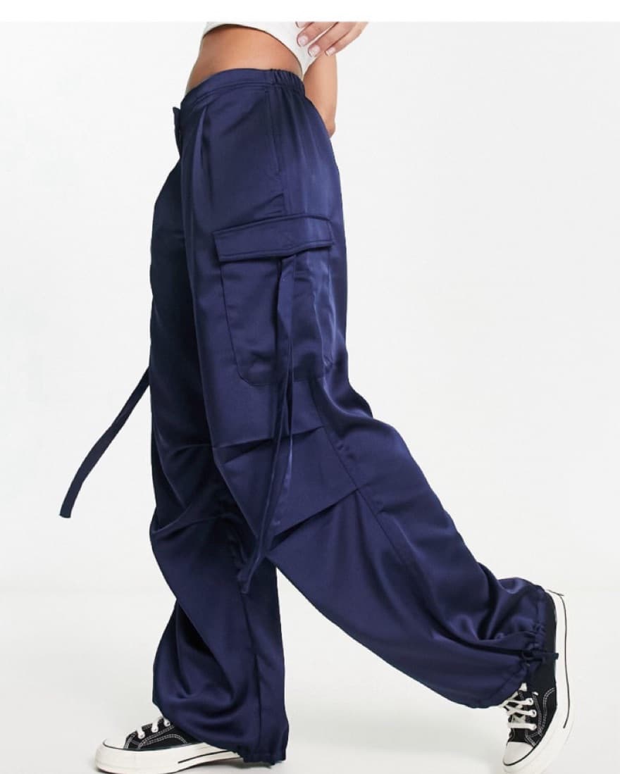 Navy Satin Cargo Pants - Image 2