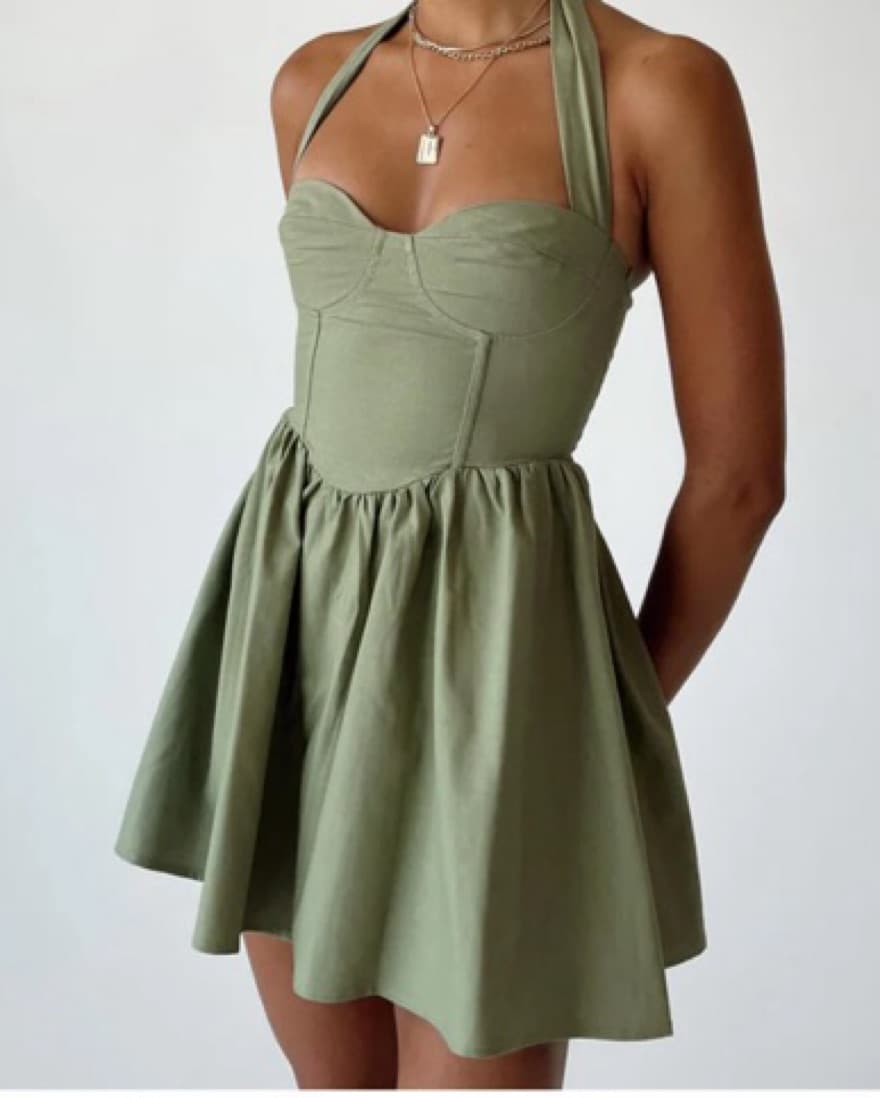 Chic Olive Green Halter Dress - Image 1