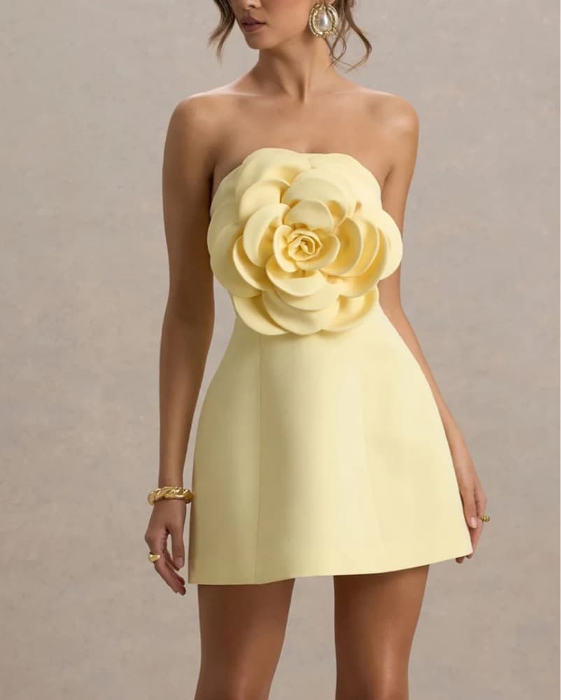 Club L London Yellow Strapless Floral Dress - Image 1