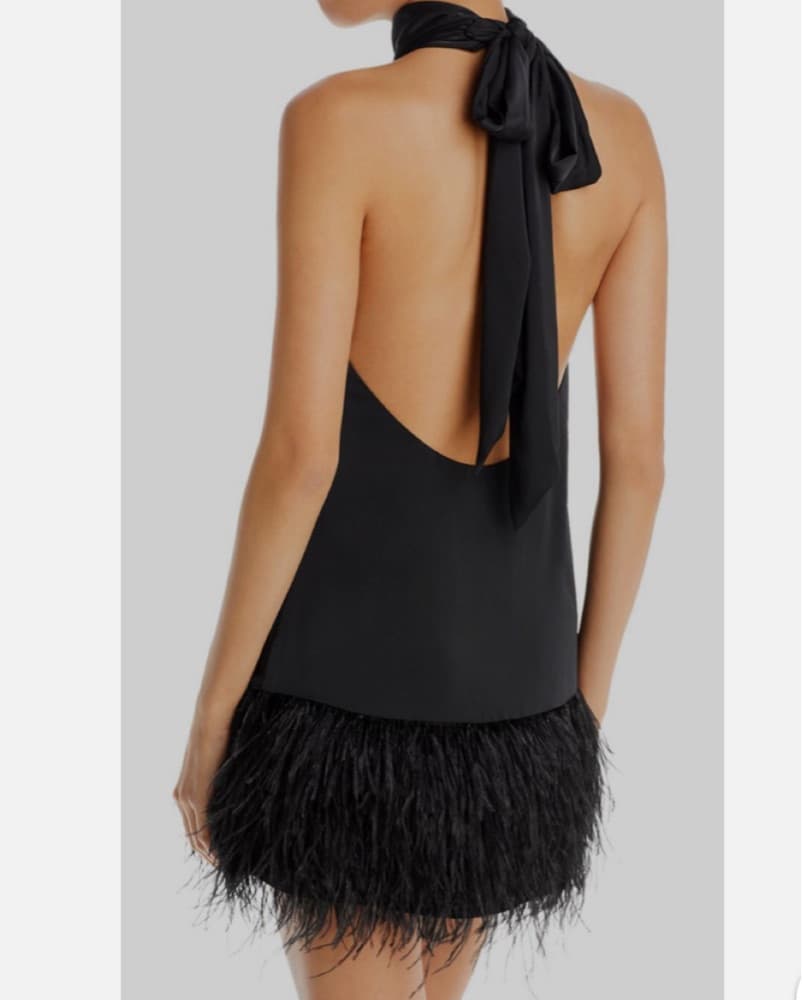 Black Halter Mini Dress With Feathers - Image 2