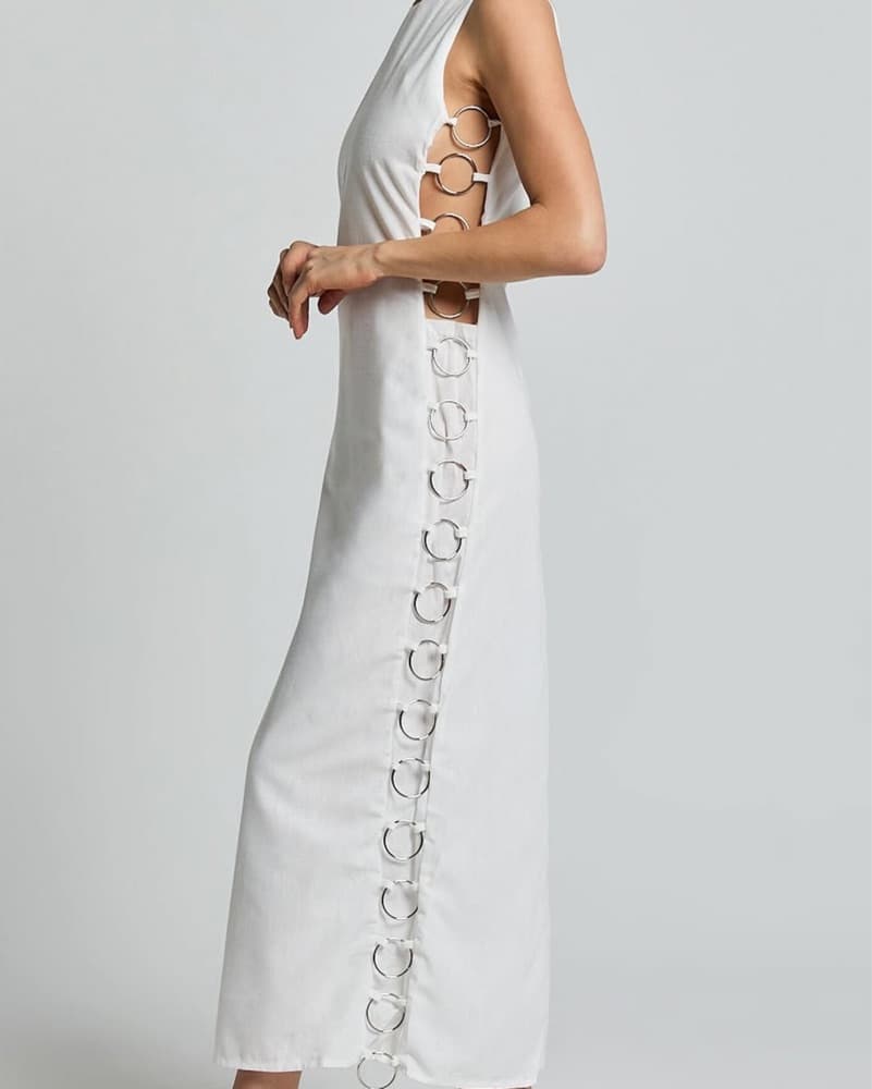Elegant White Midi Dress with Circular Cutouts - Image 2