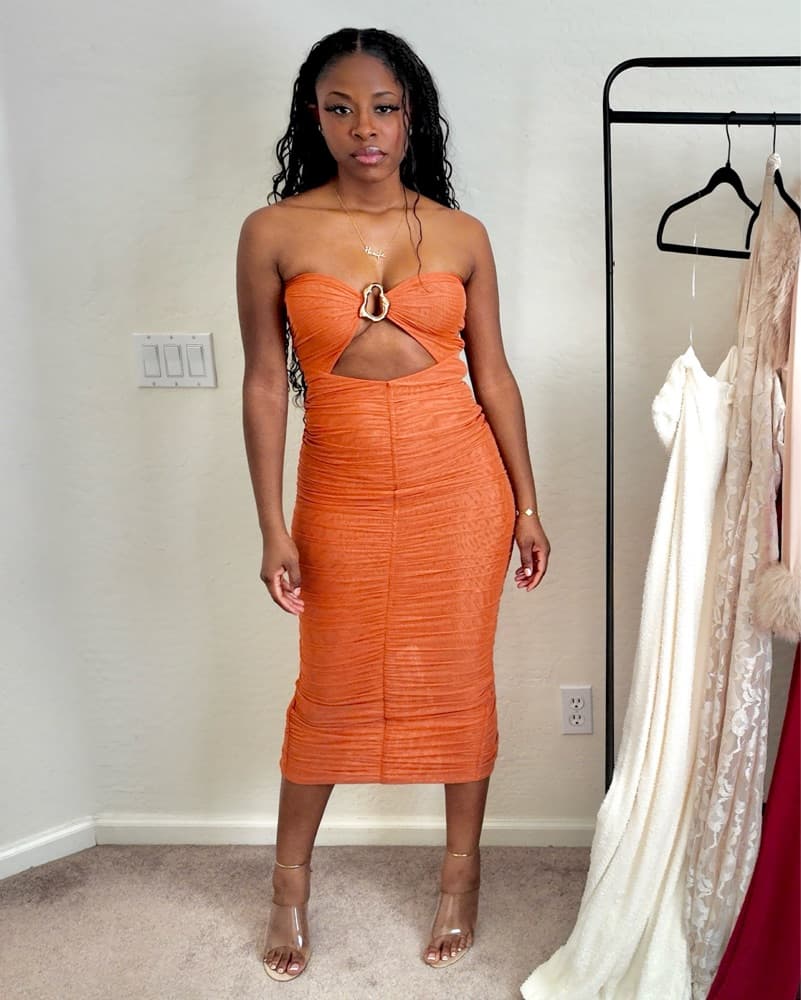 Ruched Strapless Midi Dress - Oh Polly - Image 1