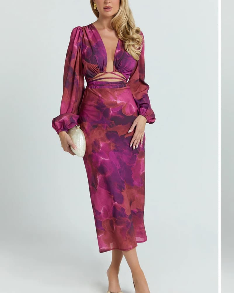 Showpo Floral Midi Dress Puff Sleeves - Image 1