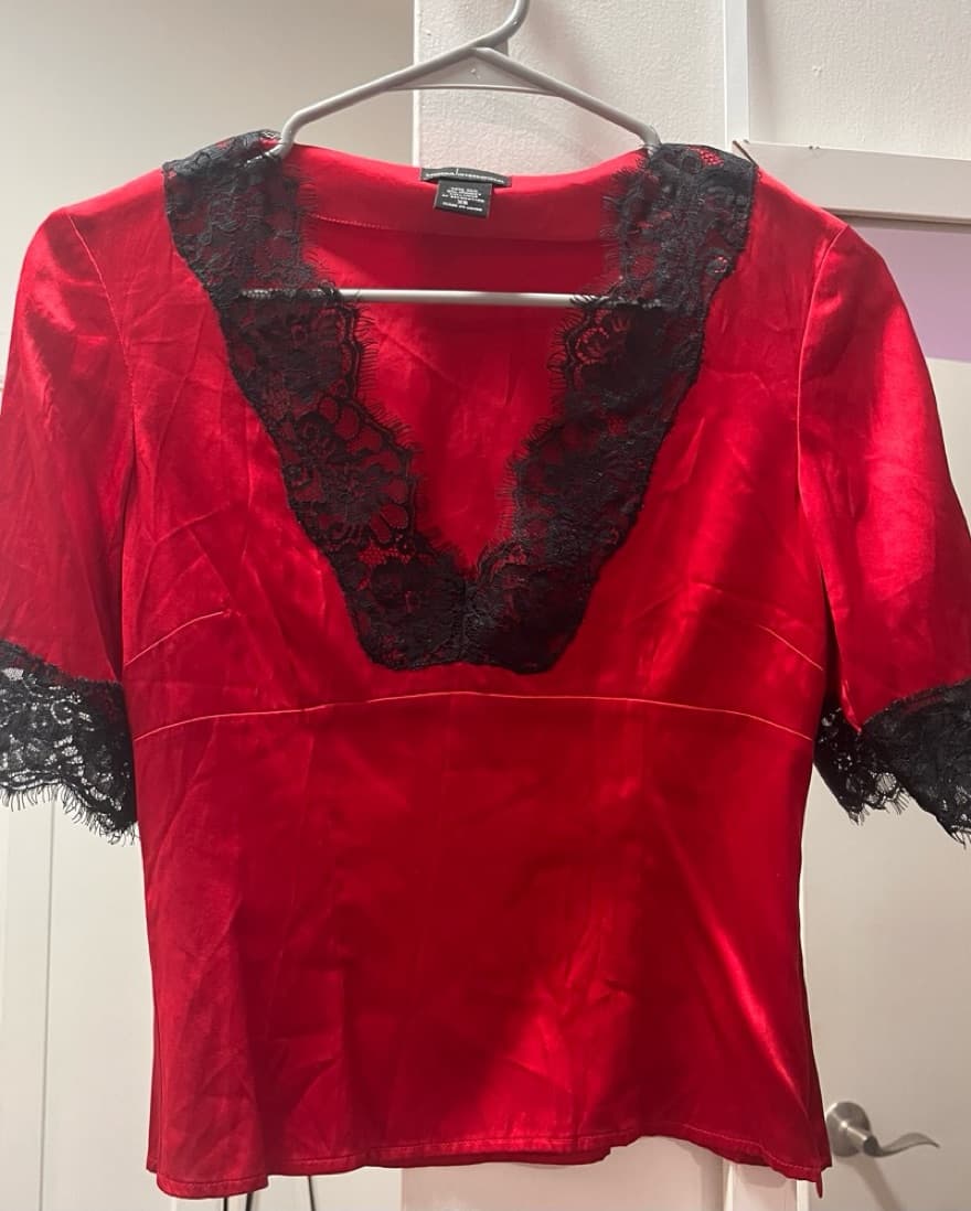 Red Silk Top With Black Lace  - Image 1