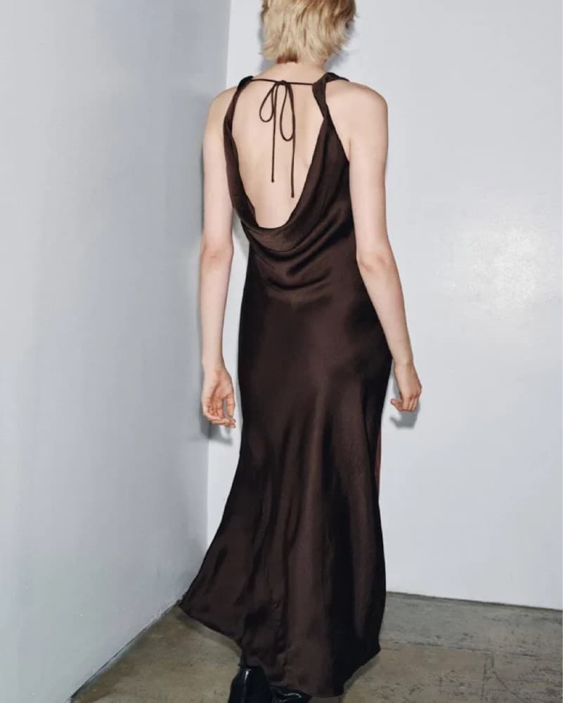 Zara Long Satin Brown Dress - Image 2