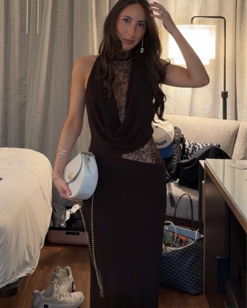 Elegant Lace-Trimmed Cowl Neck Gown - Image 2