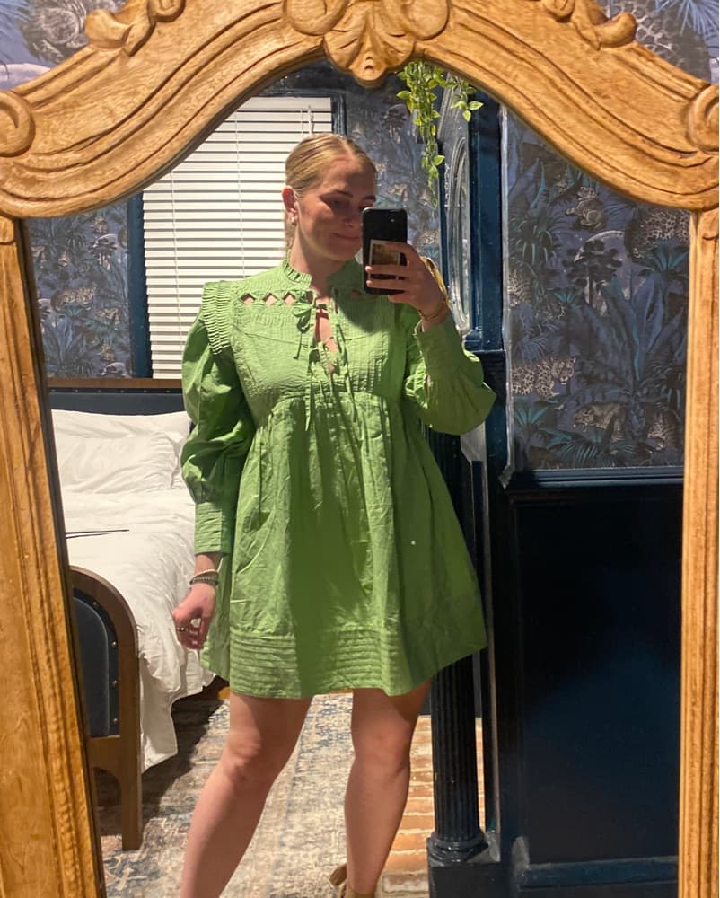Farm Rio Open Yoke Mini Dress in Green - Image 2