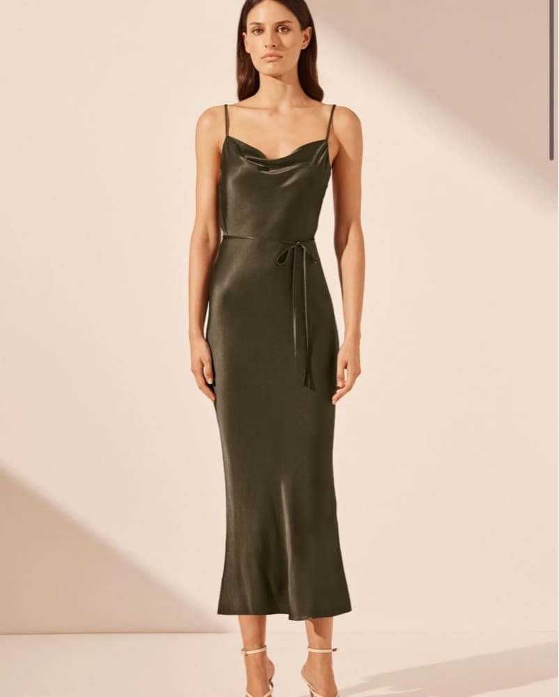 Olive Green Satin Slip Midi Dress - Image 1