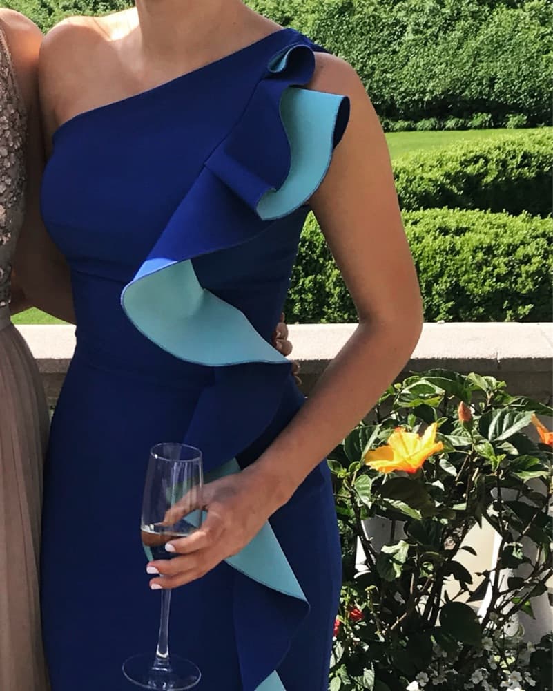 Stunning Blue Ruffled One-Shoulder Gown - Image 3