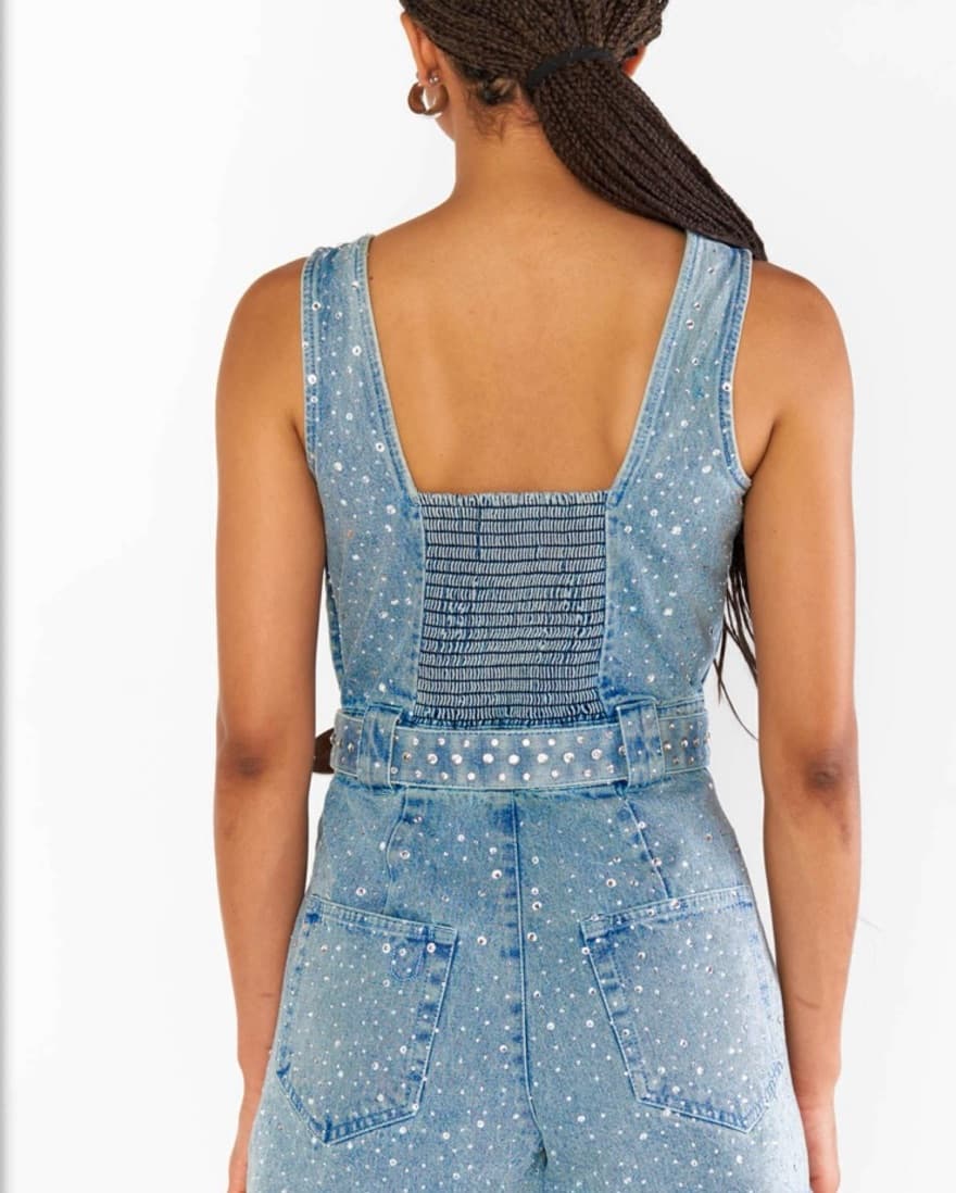 Denim Rhinestone Romper - Image 4
