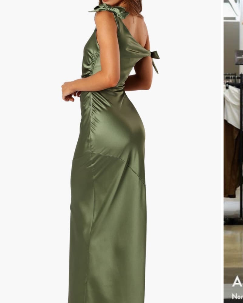 Selma One Shoulder Satin Gown Olive - Image 2