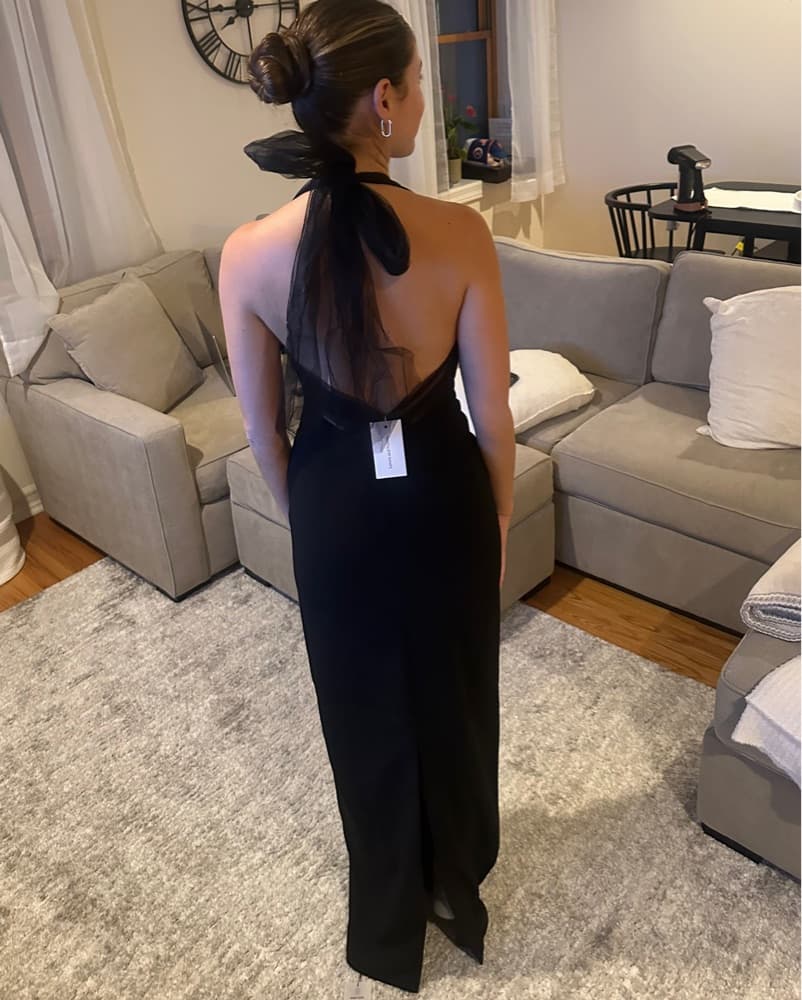 Black Halter Gown with Tulle Bow Accent - Image 4