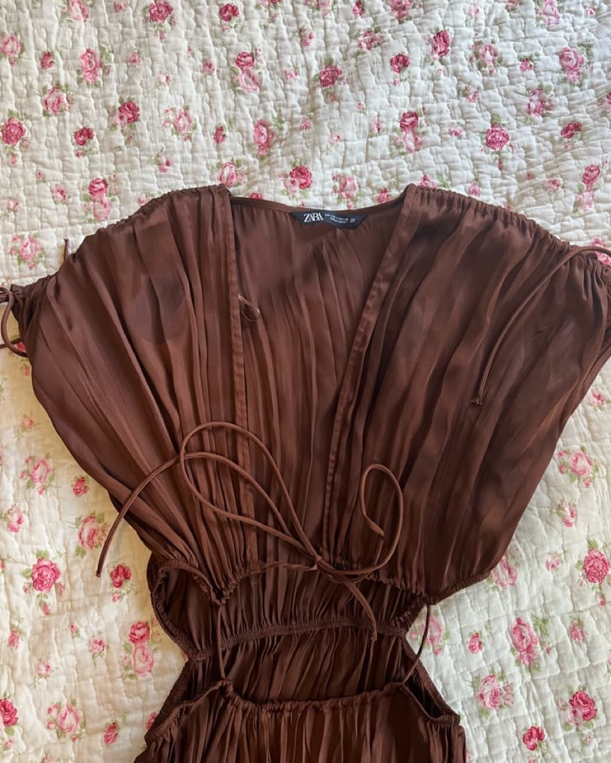 Zara Satin Pleated Cutout Brown Dress  - Image 5