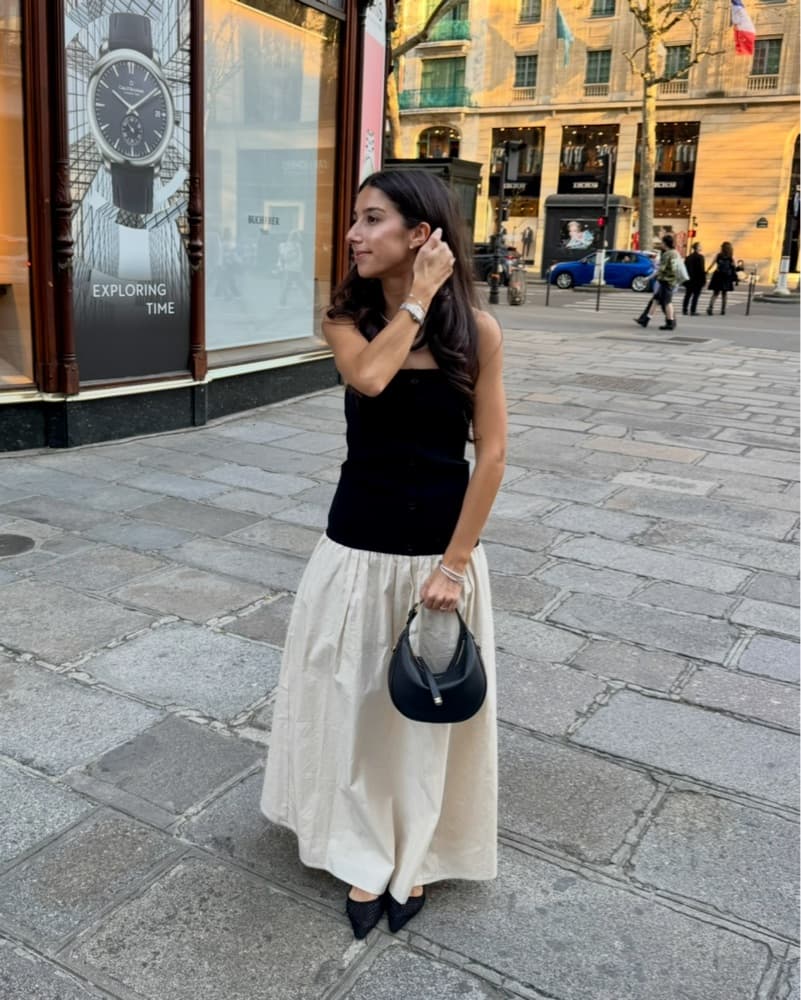 Strapless Drop Waist Black & Cream Dress - Image 1