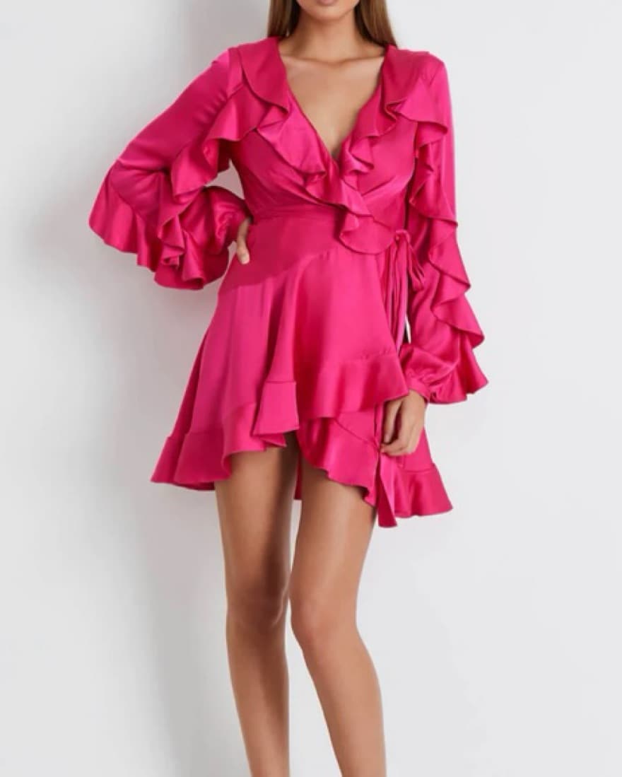  PATBO RUFFLED SATIN MINI WRAP DRESS - Image 1