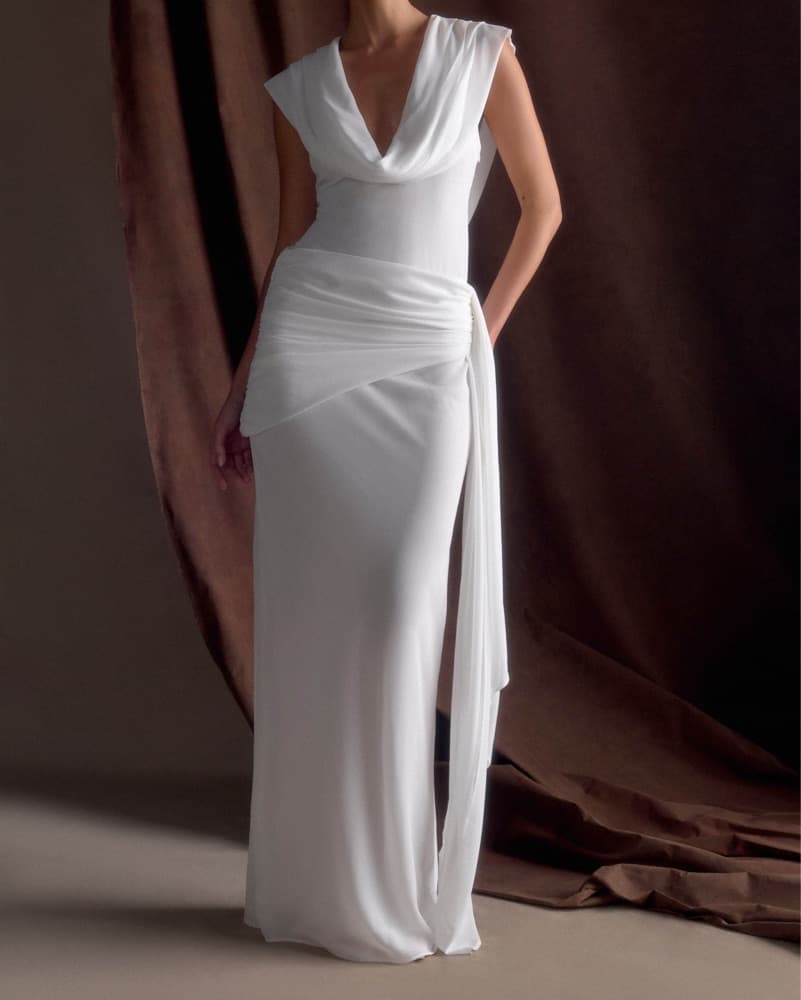 Elegant White Cowl Neck Gown - Image 1