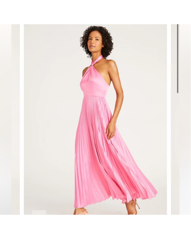 Vibrant Watermelon Pleated Halter Maxi Dress - Image 1
