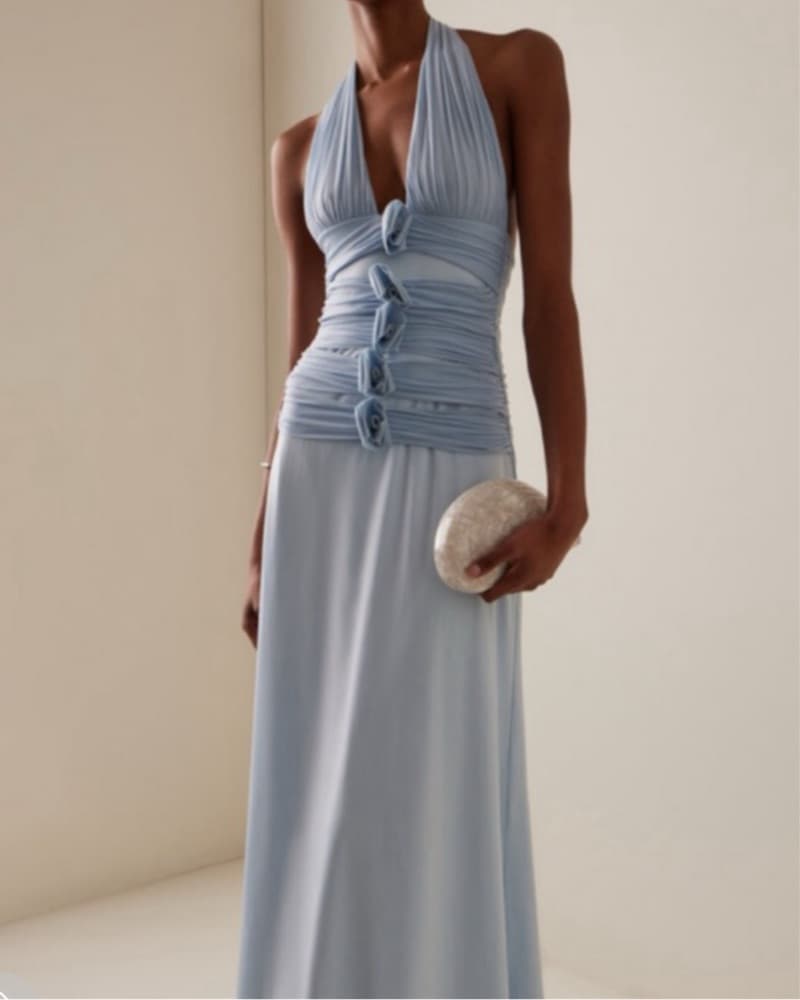 🩵 Maygel Coronel Villadiego Light Blue Ruched Halter Maxi Dress - Image 1