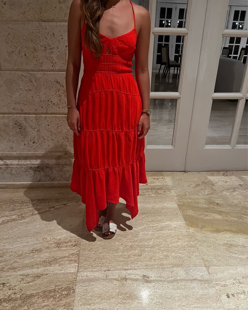 Vibrant Red Tiered Midi Dress - Image 1