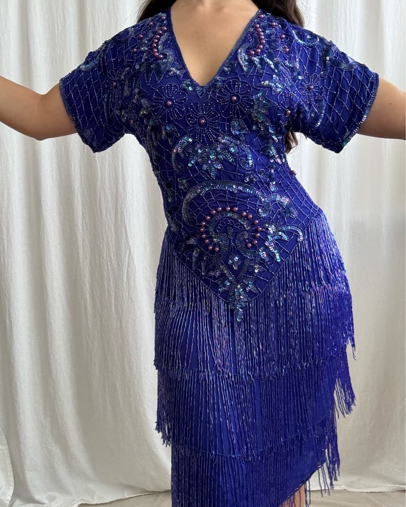 Vintage beaded Pure silk blue dress - Image 6
