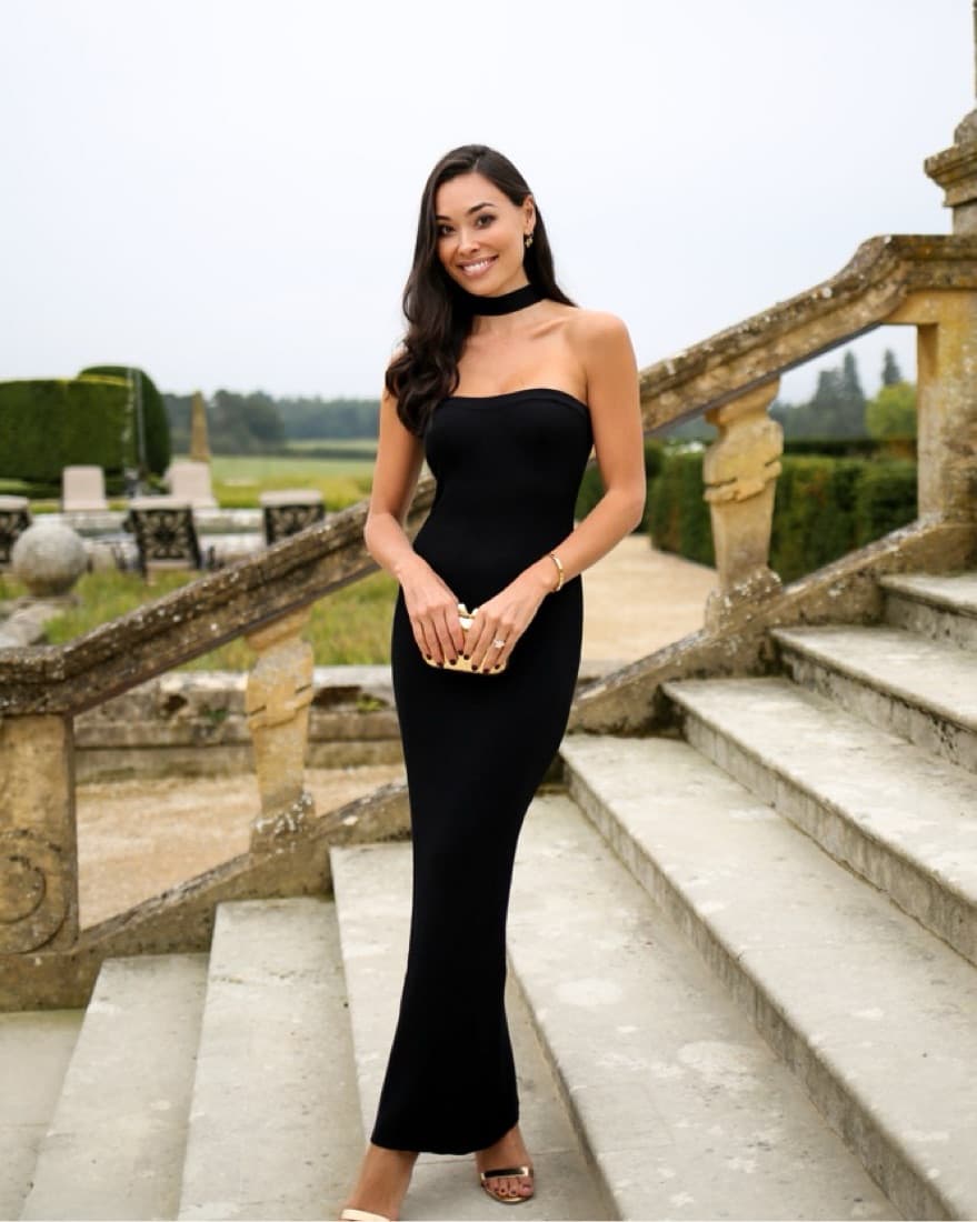 Sleek Black Strapless Scarf Maxi Dress - Image 1